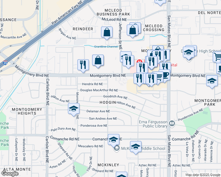 map of restaurants, bars, coffee shops, grocery stores, and more near 4400 Montgomery Boulevard Northeast in Albuquerque