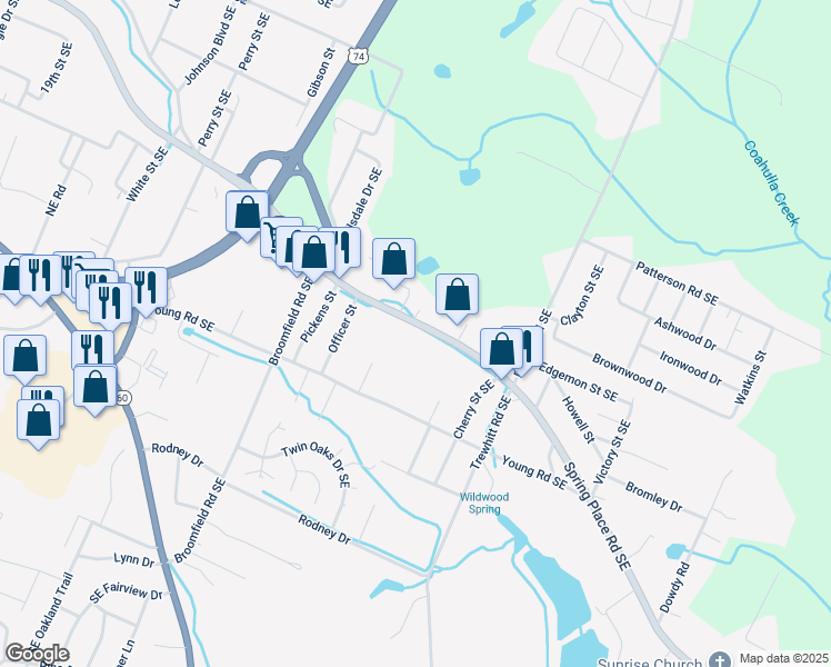 map of restaurants, bars, coffee shops, grocery stores, and more near 2175 Spring Place Road Southeast in Cleveland