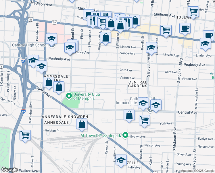 map of restaurants, bars, coffee shops, grocery stores, and more near 1494 Harbert Avenue in Memphis