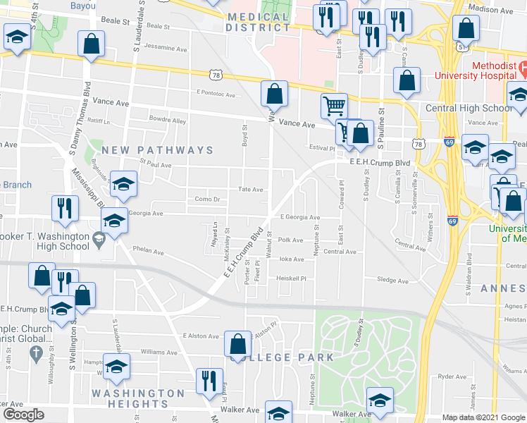 map of restaurants, bars, coffee shops, grocery stores, and more near 765 Tate Avenue in Memphis