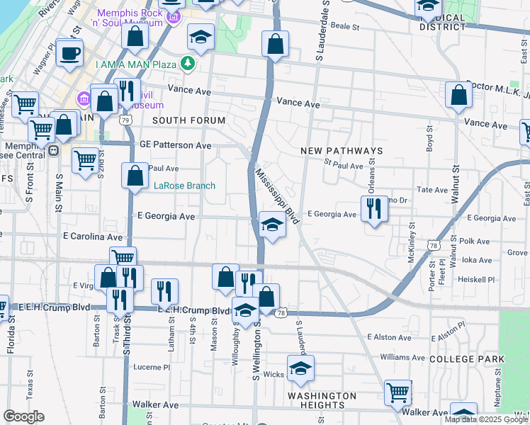 map of restaurants, bars, coffee shops, grocery stores, and more near 613 Mississippi Boulevard in Memphis