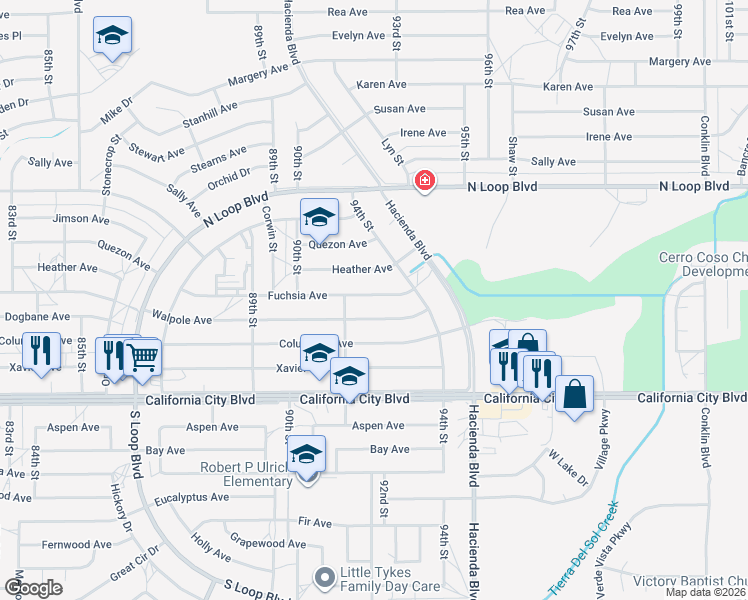 map of restaurants, bars, coffee shops, grocery stores, and more near 9200 Fuchsia Avenue in California City