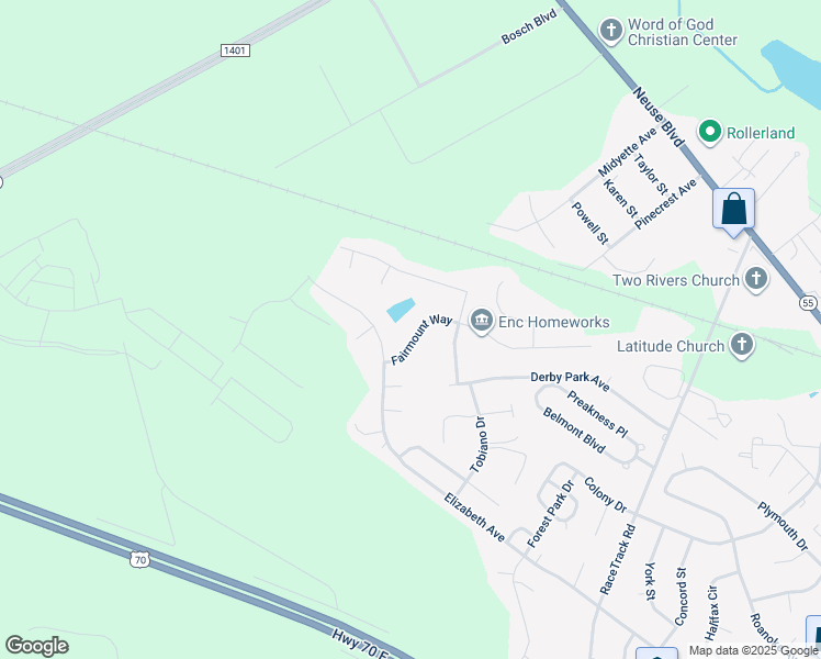 map of restaurants, bars, coffee shops, grocery stores, and more near 113 Fairmount Way in New Bern