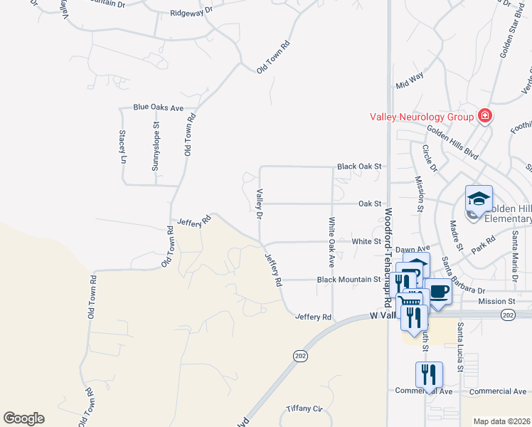 map of restaurants, bars, coffee shops, grocery stores, and more near 21334 Valley Drive in Tehachapi