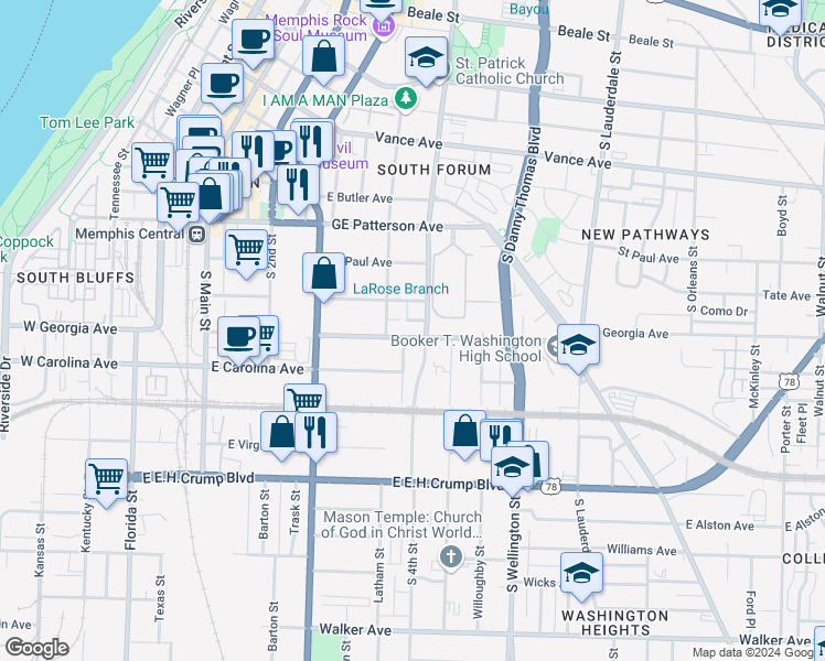 map of restaurants, bars, coffee shops, grocery stores, and more near 346 East Georgia Avenue in Memphis