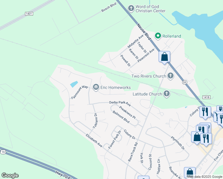 map of restaurants, bars, coffee shops, grocery stores, and more near 202 Church Hill Court in New Bern