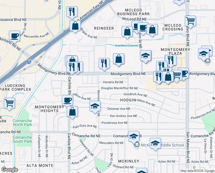 map of restaurants, bars, coffee shops, grocery stores, and more near 4013 Hendrix Road Northeast in Albuquerque