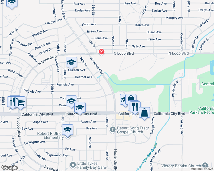 map of restaurants, bars, coffee shops, grocery stores, and more near 21241 Hacienda Boulevard in California City