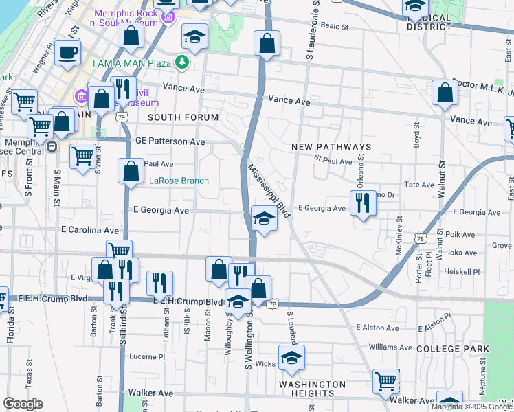 map of restaurants, bars, coffee shops, grocery stores, and more near 613 Mississippi Boulevard in Memphis