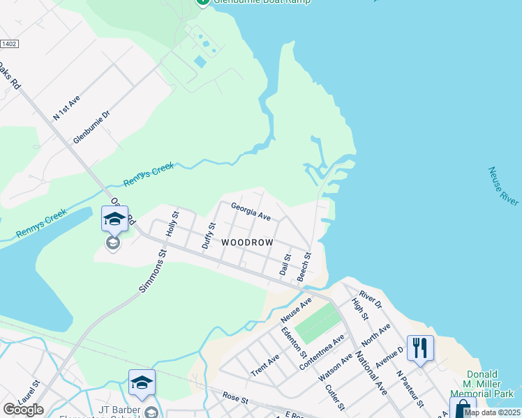 map of restaurants, bars, coffee shops, grocery stores, and more near 401-499 Clark Street in New Bern