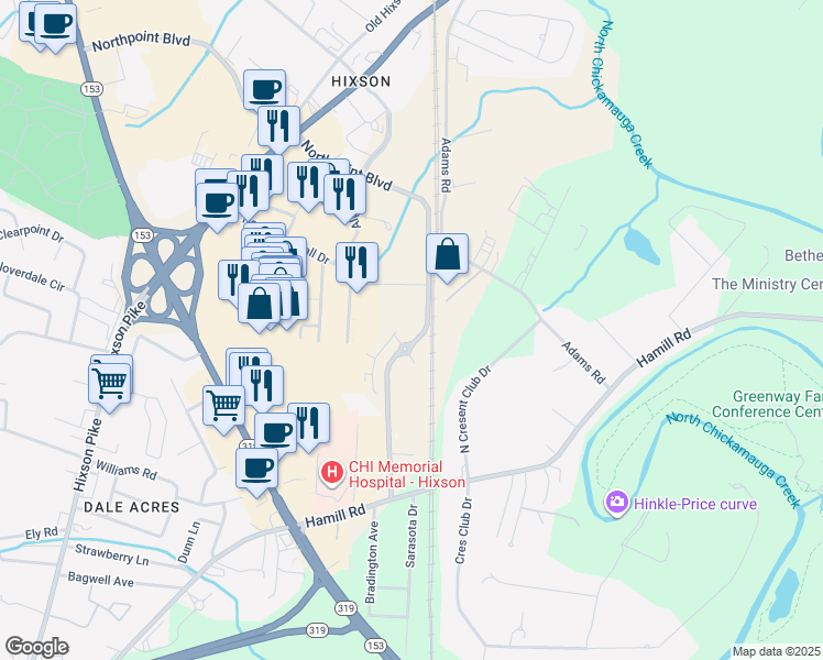 map of restaurants, bars, coffee shops, grocery stores, and more near 2760 Northpoint Boulevard in Chattanooga