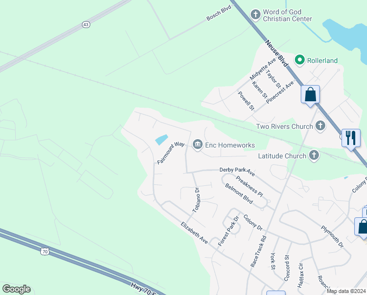 map of restaurants, bars, coffee shops, grocery stores, and more near 111 Saratoga Lane in New Bern