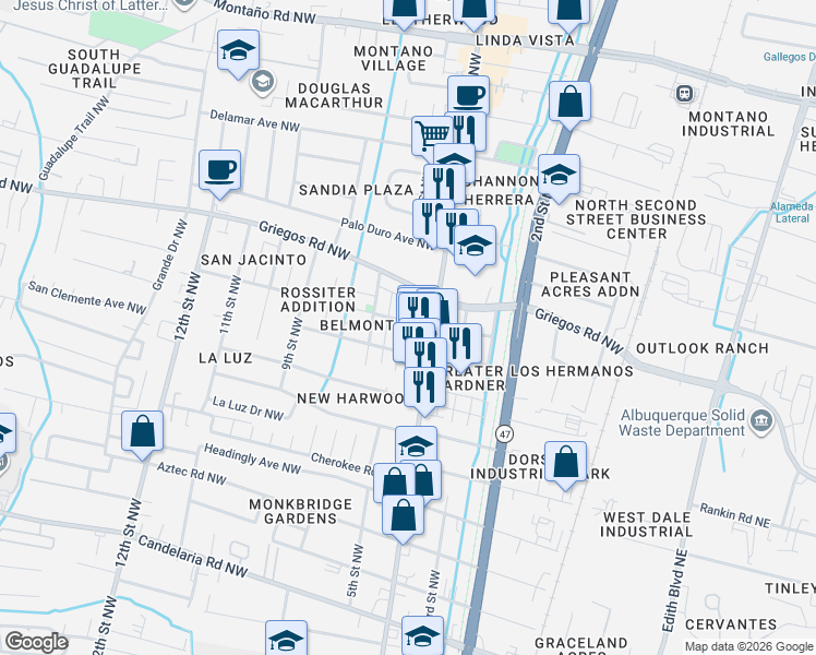 map of restaurants, bars, coffee shops, grocery stores, and more near 4610 5th Street Northwest in Albuquerque