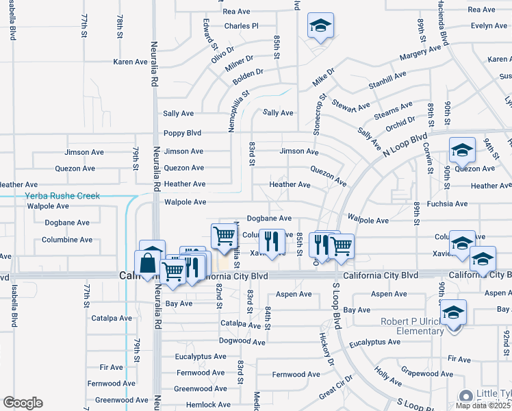 map of restaurants, bars, coffee shops, grocery stores, and more near Walpole Avenue in California City