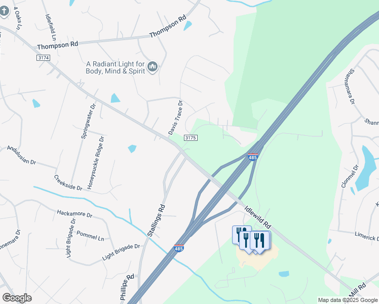 map of restaurants, bars, coffee shops, grocery stores, and more near 14417 Idlewild Road in Matthews