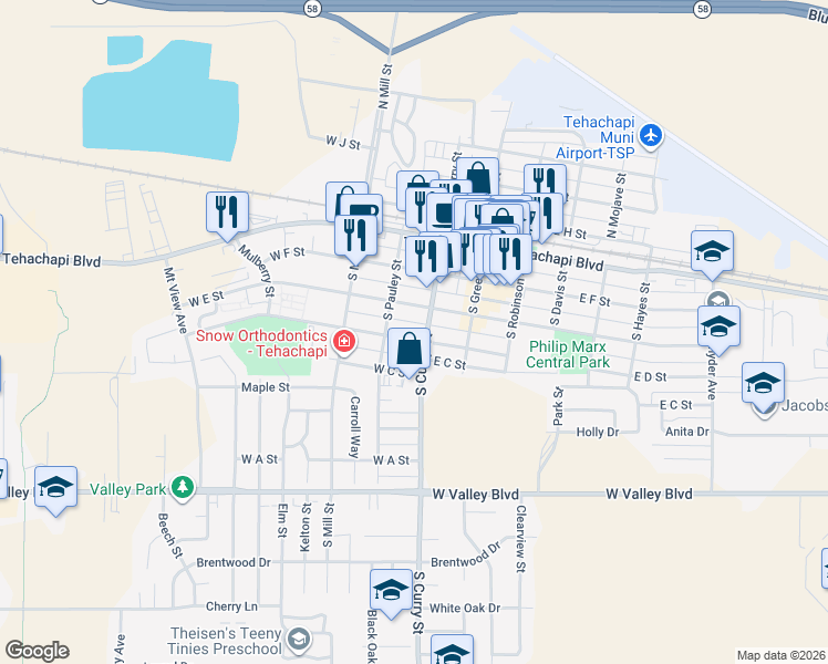 map of restaurants, bars, coffee shops, grocery stores, and more near in Tehachapi