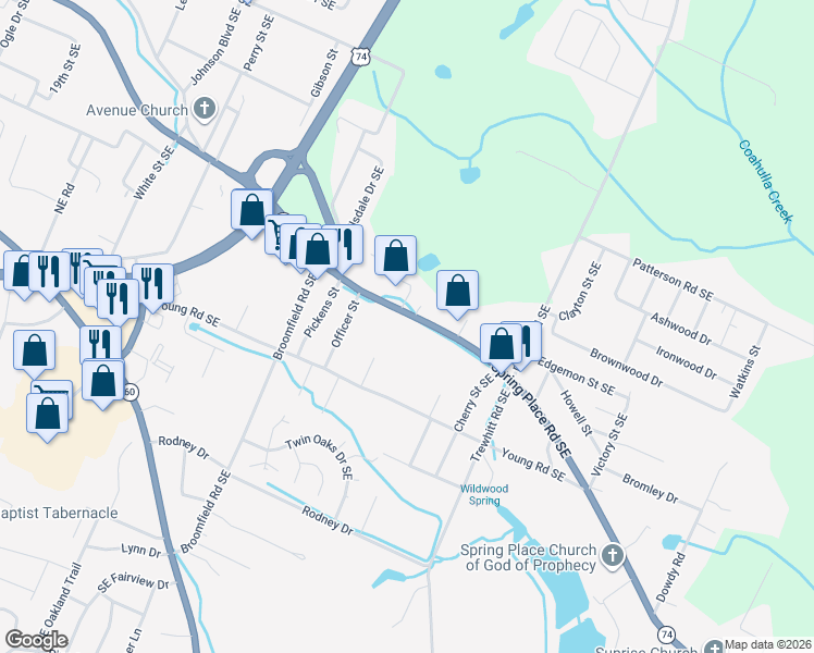 map of restaurants, bars, coffee shops, grocery stores, and more near 2175 Spring Place Road Southeast in Cleveland