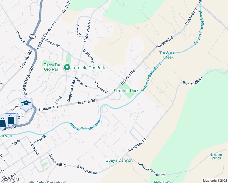 map of restaurants, bars, coffee shops, grocery stores, and more near Huasna Road in Arroyo Grande