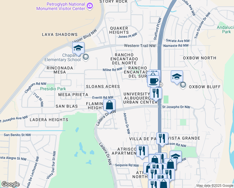 map of restaurants, bars, coffee shops, grocery stores, and more near 4109 Atrisco Drive Northwest in Albuquerque