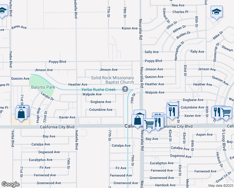 map of restaurants, bars, coffee shops, grocery stores, and more near 7809 Walpole Avenue in California City