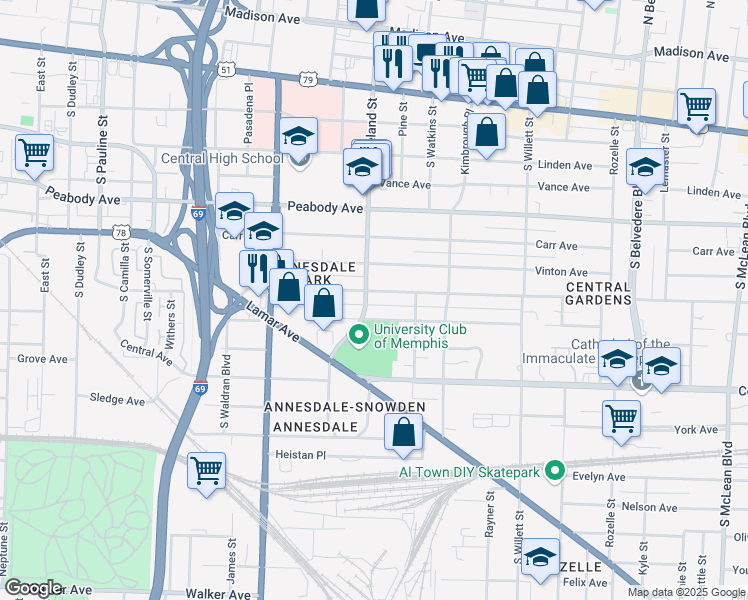 map of restaurants, bars, coffee shops, grocery stores, and more near 1354 Harbert Avenue in Memphis