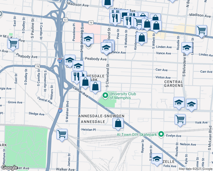 map of restaurants, bars, coffee shops, grocery stores, and more near 1354 Harbert Avenue in Memphis