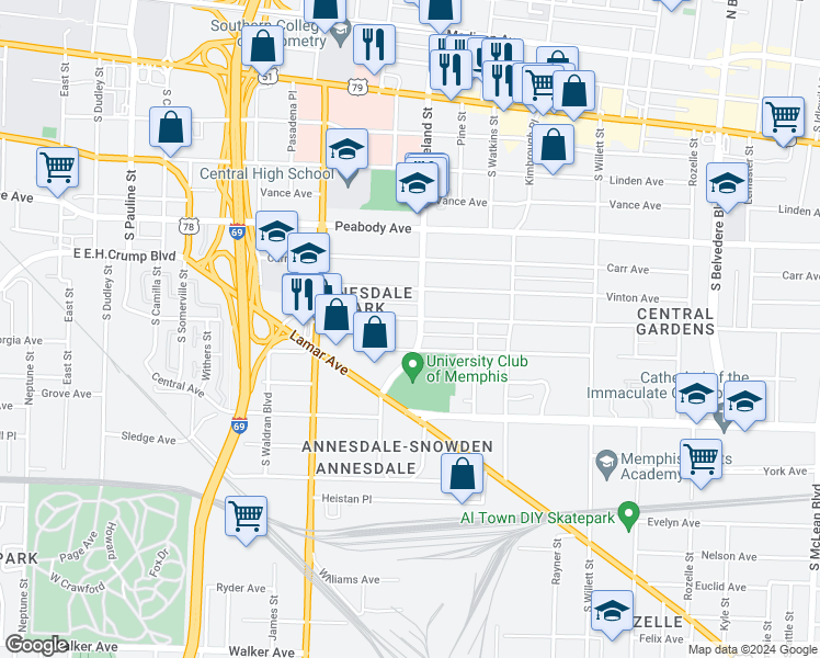 map of restaurants, bars, coffee shops, grocery stores, and more near 1312 Harbert Avenue in Memphis