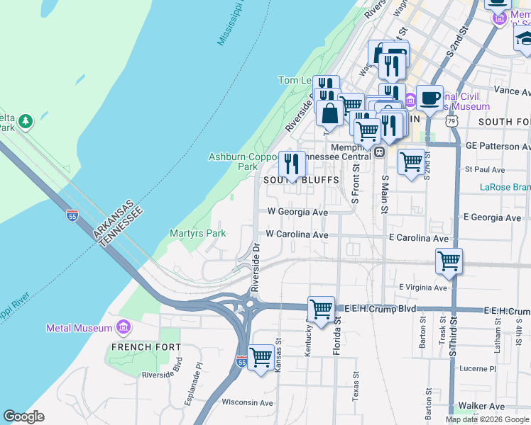 map of restaurants, bars, coffee shops, grocery stores, and more near 77 West Riverview Drive in Memphis