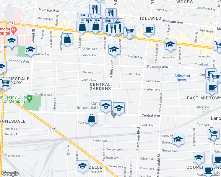 map of restaurants, bars, coffee shops, grocery stores, and more near Harbert Ave & S Belvedere Blvd in Memphis