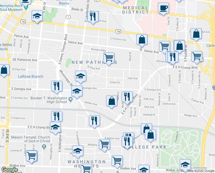 map of restaurants, bars, coffee shops, grocery stores, and more near 650 East Georgia Avenue in Memphis