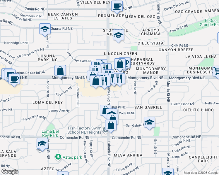 map of restaurants, bars, coffee shops, grocery stores, and more near 4300 Eubank Boulevard Northeast in Albuquerque