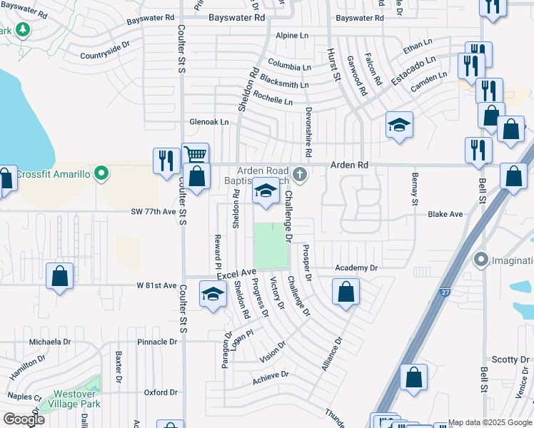 map of restaurants, bars, coffee shops, grocery stores, and more near 6801 Learning Tree Avenue in Amarillo