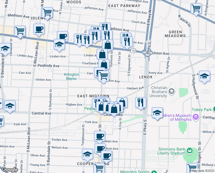 map of restaurants, bars, coffee shops, grocery stores, and more near 2164 Harbert Avenue in Memphis