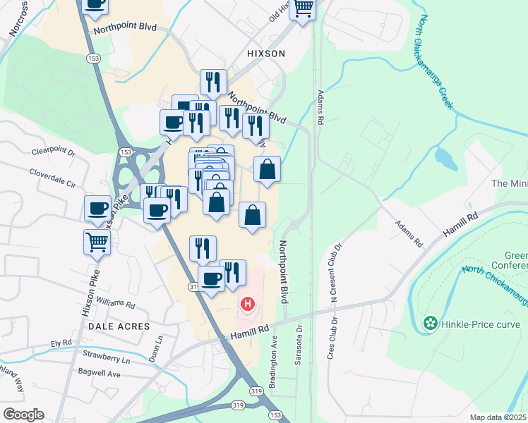 map of restaurants, bars, coffee shops, grocery stores, and more near 310 Ring Road in Chattanooga