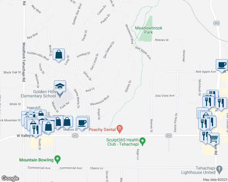 map of restaurants, bars, coffee shops, grocery stores, and more near 21340 Westwood Boulevard in Tehachapi