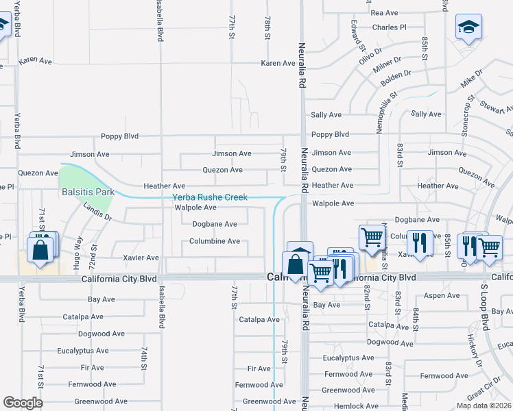 map of restaurants, bars, coffee shops, grocery stores, and more near 7809 Walpole Avenue in California City