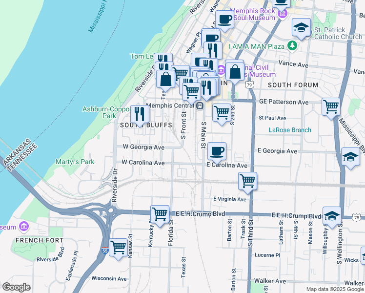 map of restaurants, bars, coffee shops, grocery stores, and more near 676 South Front Street in Memphis