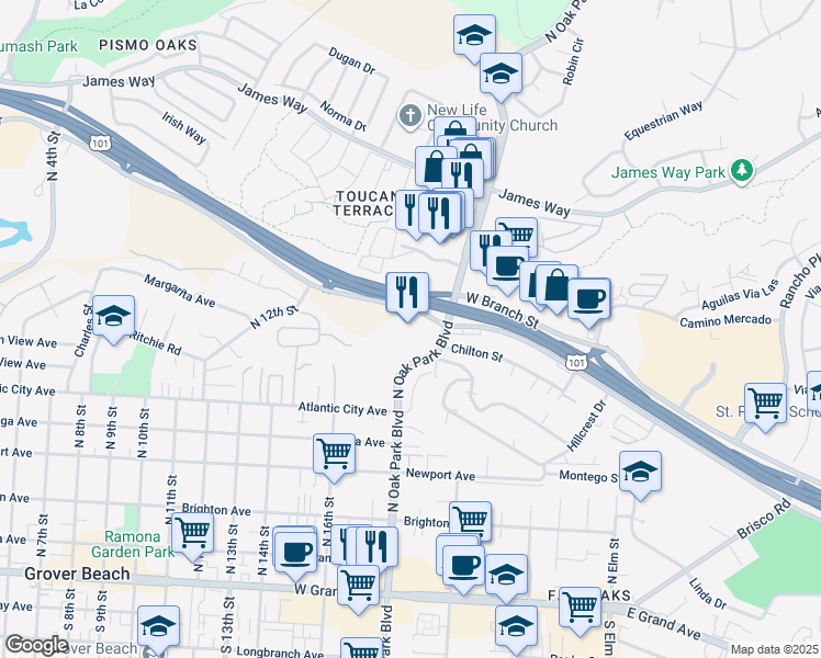map of restaurants, bars, coffee shops, grocery stores, and more near 1750 El Camino Real in Grover Beach
