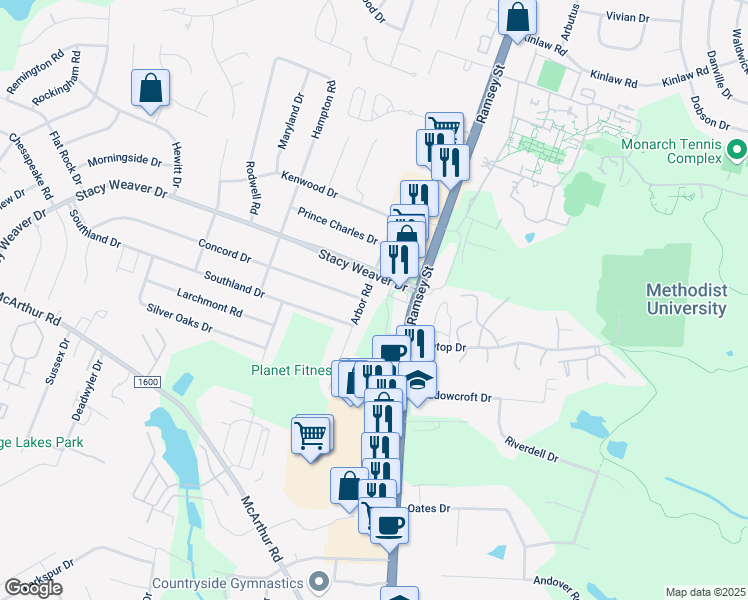 map of restaurants, bars, coffee shops, grocery stores, and more near 5002 Arbor Road in Fayetteville