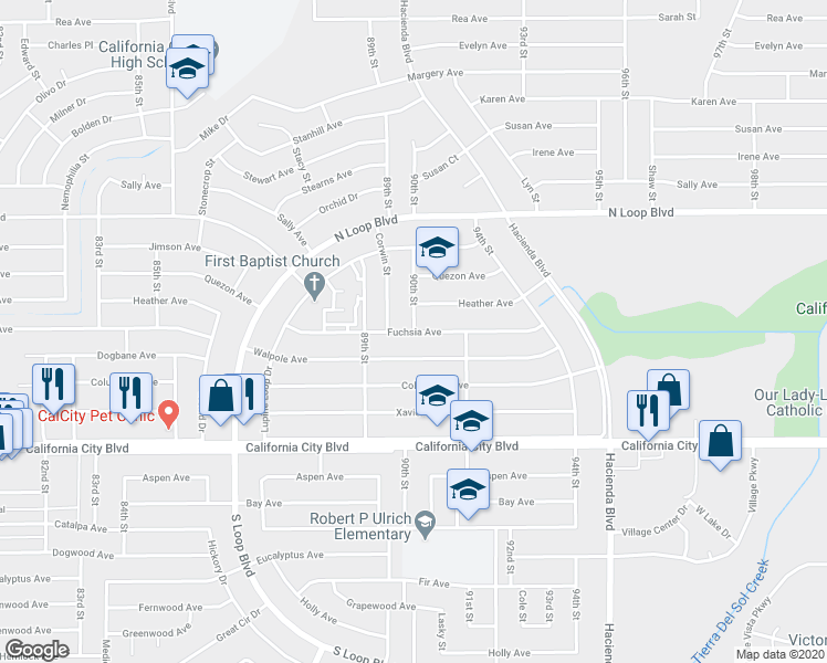 map of restaurants, bars, coffee shops, grocery stores, and more near Fuchsia Avenue in California City
