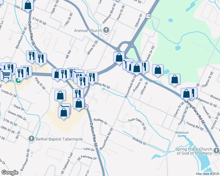 map of restaurants, bars, coffee shops, grocery stores, and more near 1819-1939 Young Rd in Cleveland