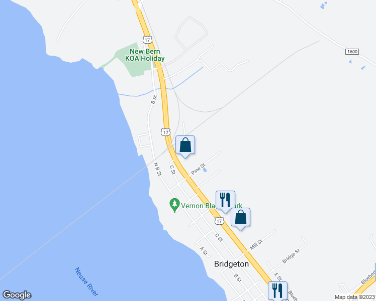 map of restaurants, bars, coffee shops, grocery stores, and more near 1102 U.S. 17 in New Bern