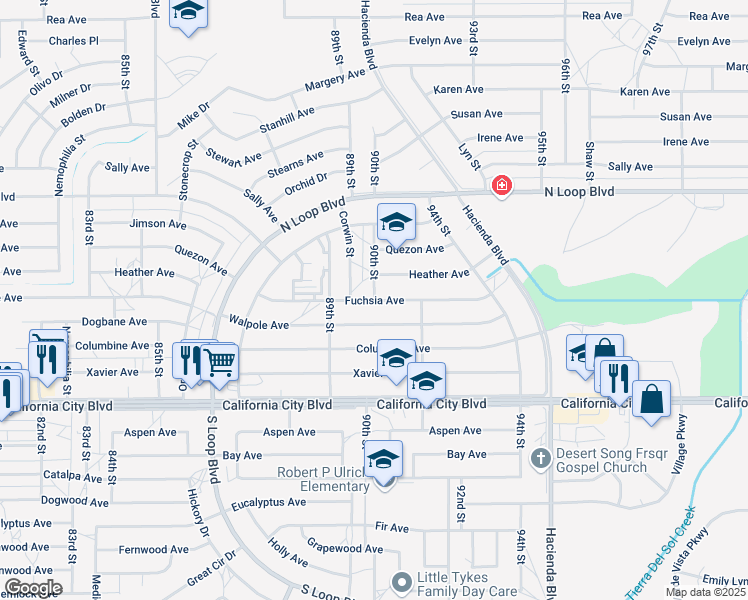 map of restaurants, bars, coffee shops, grocery stores, and more near 21201 90th Street in California City