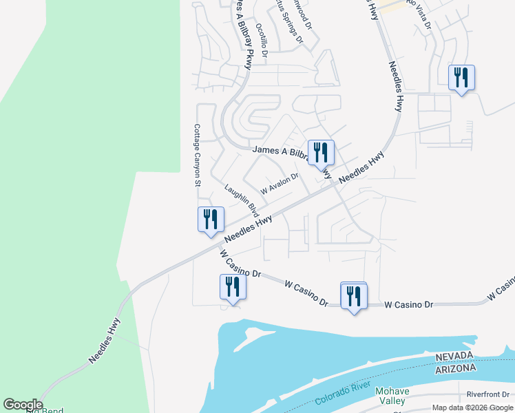 map of restaurants, bars, coffee shops, grocery stores, and more near 3679 Catalina Drive in Laughlin