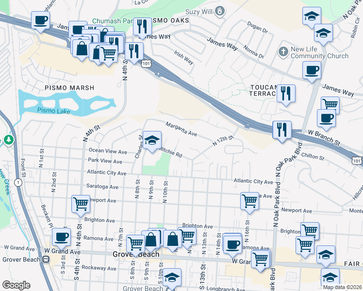 map of restaurants, bars, coffee shops, grocery stores, and more near 1039 Ritchie Road in Grover Beach