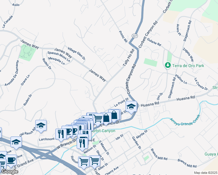 map of restaurants, bars, coffee shops, grocery stores, and more near 225 Tally Ho Road in Arroyo Grande