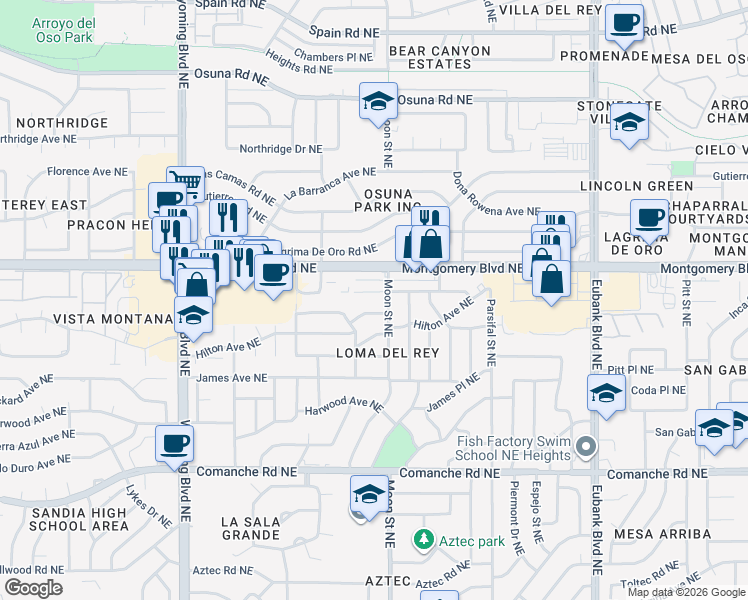 map of restaurants, bars, coffee shops, grocery stores, and more near 9001 Hendrix Road Northeast in Albuquerque