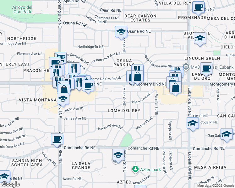 map of restaurants, bars, coffee shops, grocery stores, and more near 9001 Hendrix Road Northeast in Albuquerque