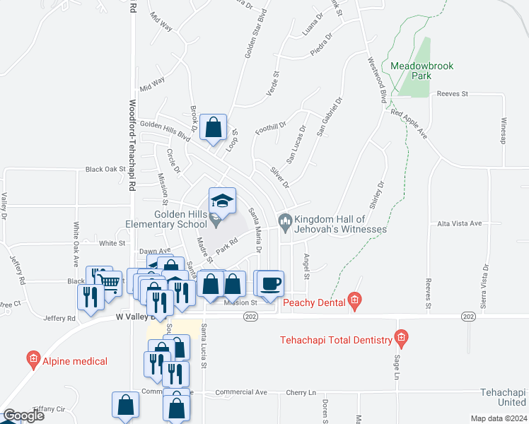 map of restaurants, bars, coffee shops, grocery stores, and more near 21350 Golden Hills Boulevard in Tehachapi