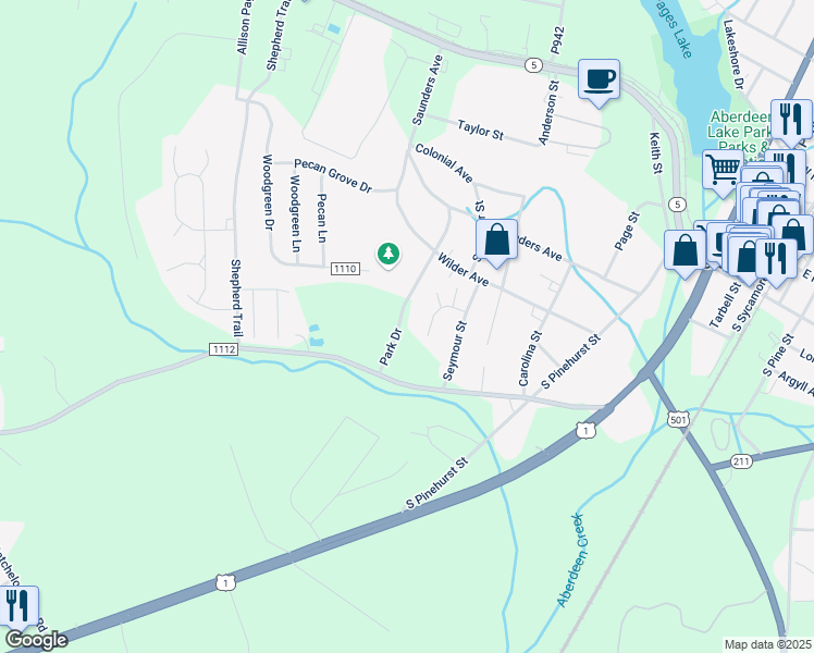 map of restaurants, bars, coffee shops, grocery stores, and more near 515 Park Drive in Aberdeen